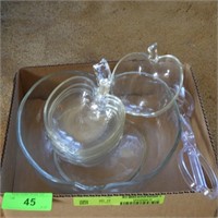 GLASS APPLE SHAPED SALAD BOWL SET, PLASTIC TONGS