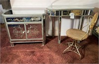 Mirrored Vanity & Cabinet w/ Vtg Swivel Chair