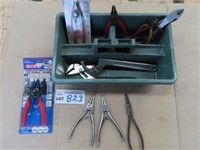 Assorted Pliers etc. in Plastic Tool Caddy