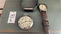 Delgard pocket watch, Timex wrist watch & fit bit