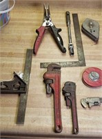 MISC TOOLS, PIPE WRENCHES, SQUARE, TAPE MEASURE