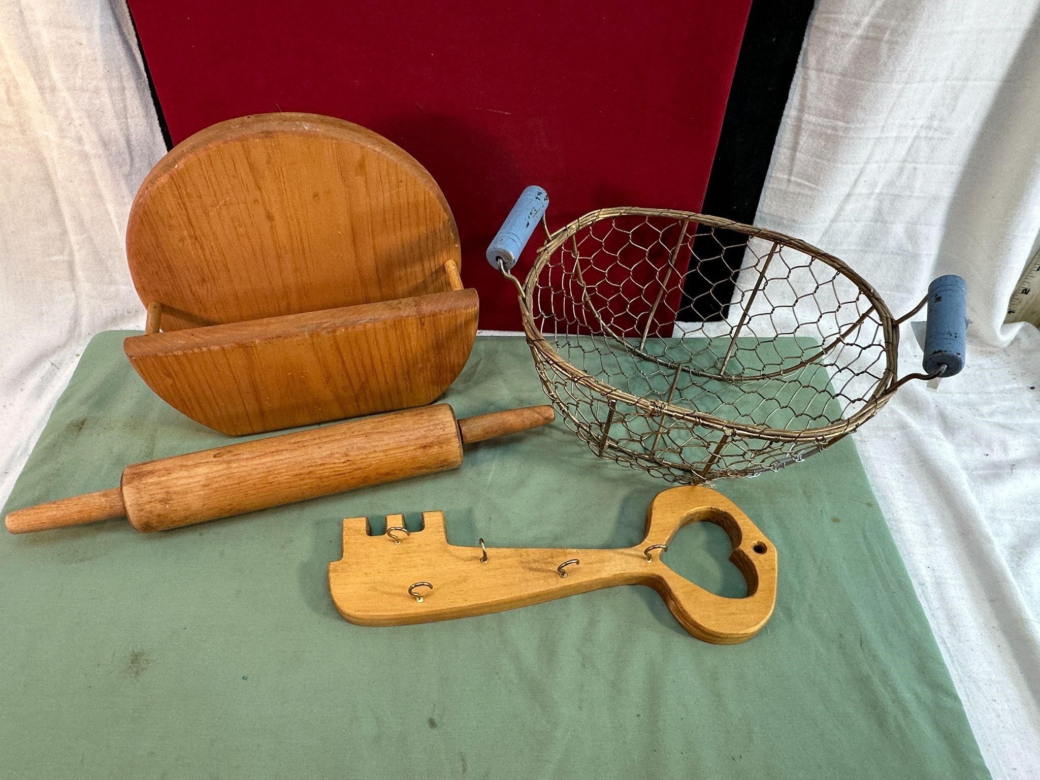 BASKET OF WOODEN ITEMS
