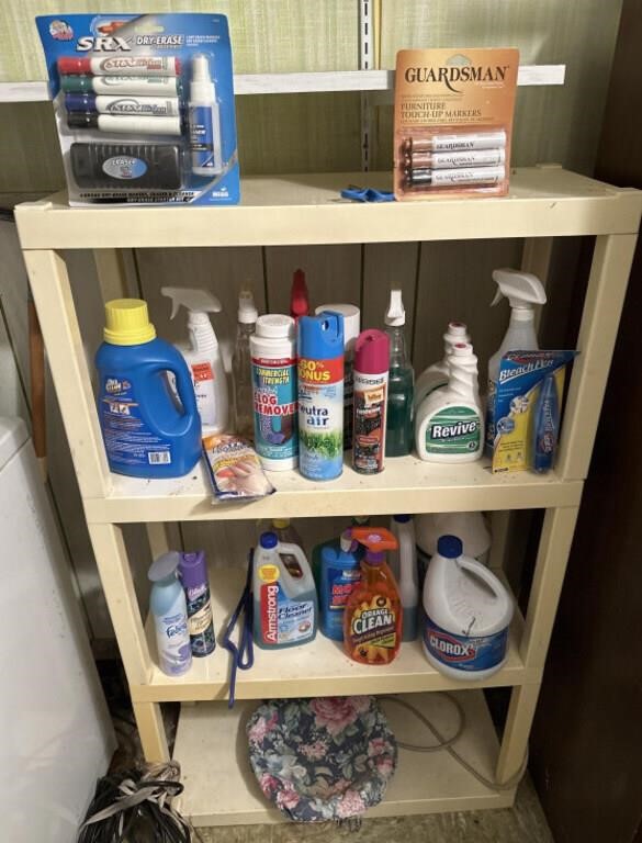 Plastic shelving unit and contents of chemicals