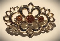 STUNNING VTG SILVER CITRINE COLOR ORNATE BROOCH