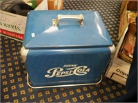 Vintage zinc-lined cooler, blue with Pepsi-Cola