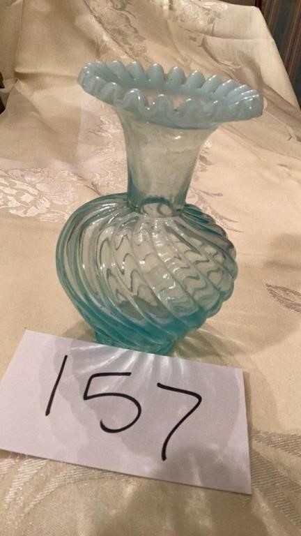 Fenton Blue Opalescent Ruffle Top Swirl Vase 6in