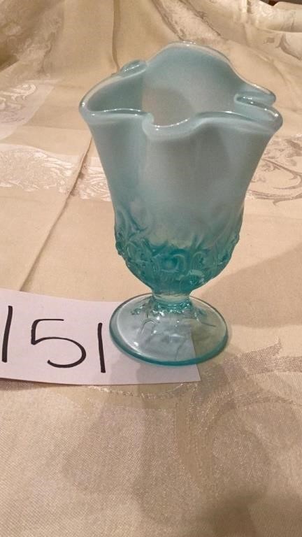 Fenton Blue Opalescent Glass Handkerchief Vase