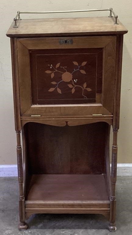 VTG. DROP FRONT SECRETARY w DECORATIVE WOOD INLAY