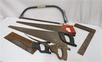 Collection of saws and a Stanley square