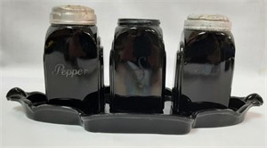 Black Glass Art Deco Salt/Pepper/Sugar/Tray Set