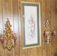 (2) CANDLE SCONCES AND FLORAL PRINT