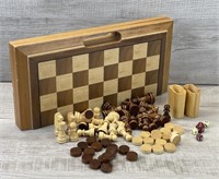 CHESS CHECKER BACKGAMMON SET WOOD BOARD & PIECES