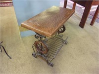 Wrought Iron and Oak Chairside Table with Magazine