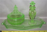 Art Deco Uranium Glass Vanity Pcs w/ Powder Jar