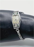 1924 Art Deco Bulova Diamond & Emerald Watch RUNS
