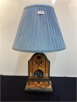Wood Base Country Style Lamp w/Blue Shade