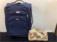 Blue Samsonite Luggage & Floral Cosmetic Case