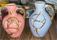 (2) MCM Gold Accented Floral Ceramic Vase/Jug -