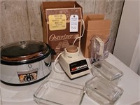 Osterizer blender; glass vegetable keeper; Nesco