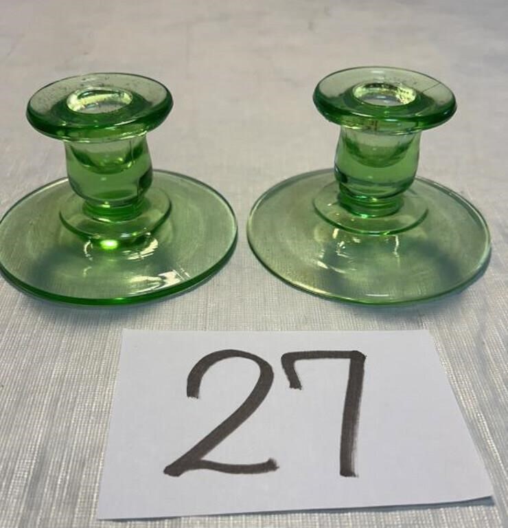 Vintage Green Depression Uranium Candle Holders