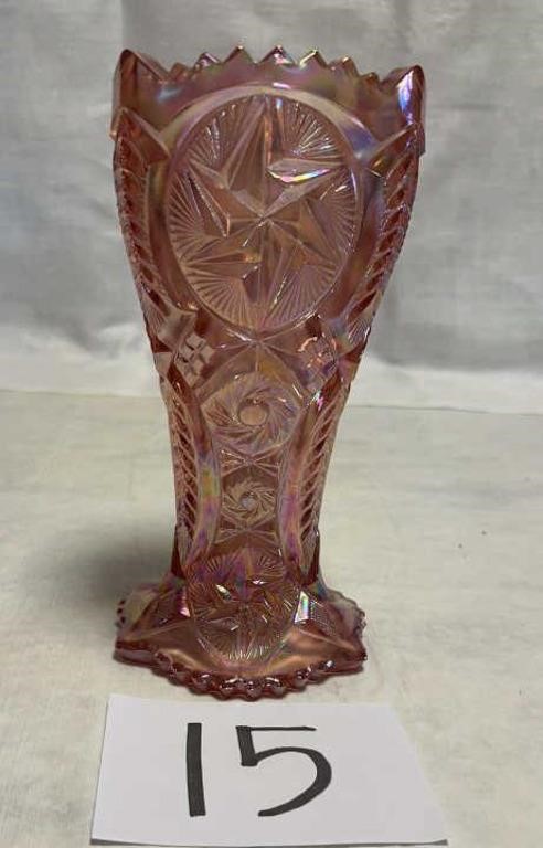 Pink iridescent cut glass vase