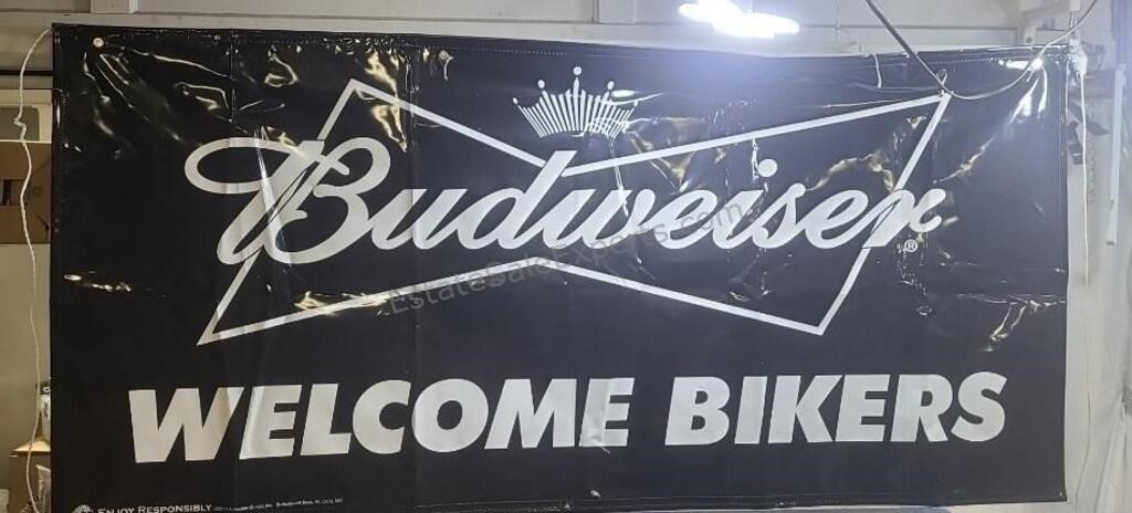 Vinyl Budweiser "Welcome Bikers" banner. 34×72