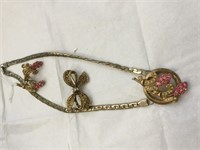 Vintage Pink Necklace Earring & Bow Pin