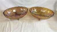Two footed oval carnival glass bowls