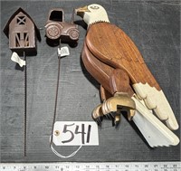 Carved Wood Eagle & 2 Metal Farm Yard Decorations