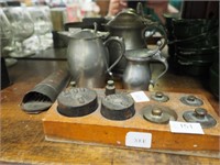 Vintage scale weights; pewter creamers;