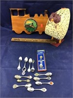 Metal Chicken & Train Clock & Souvenir Spoons