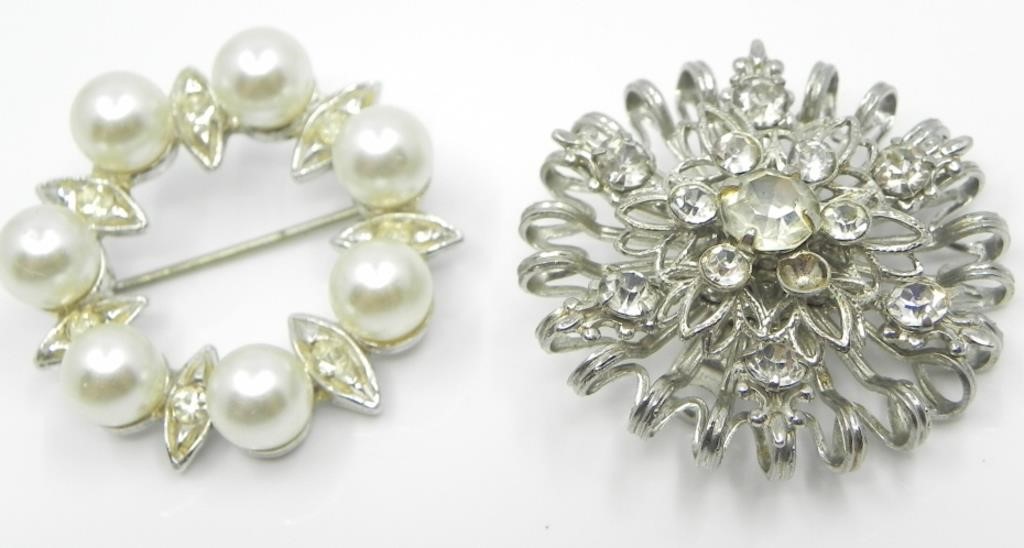 2 SILVERTONE PINS-CRYSTAL RHINESTONES & FAUX PEARL