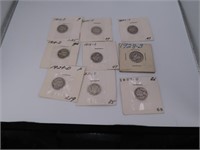 (9) asst US SIlver Mercury Dimes Coins