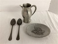 Pewter Pitcher, Spoons, and Cornucopia Tray