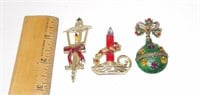 3 Vintage Jeweled Christmas Brooches