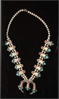 Navajo Turquoise & Coral Squash Blossom Necklace