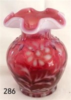Cranberry Opalescent Daisy & Fern Vase