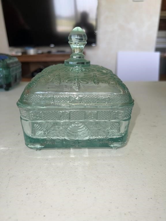 Indiana tiara glass turquoise honey bee hive dish