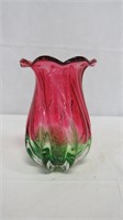 Vintage Cranberry and Green Swirl Art Glass Vase