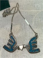 Vtg Silver Inlay Turquoise (2) Birds w/Heart