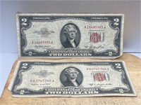 TWO 1953 Red Seal $2 Dollar Bills United States
