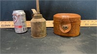 Oil can & vintage leather purse