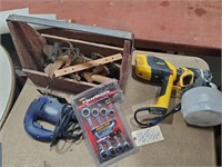 Antique wooden tool box tote + tools jigsaw etc