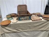 Wooden fruit crate, cutting boards, boxes, spoon,