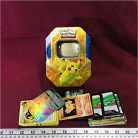 Large Lot Of Pokemon Trading Cards & Tin