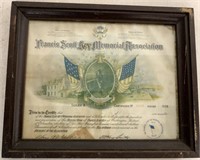 Francis Scott Key Memorial Association certificate