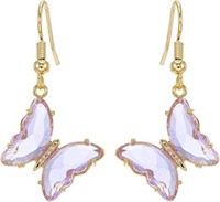 Gold-pl. Purple Butterfly Glass Dangle Earrings