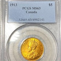 1913 $5 Canadian Gold Coin PCGS - MS63