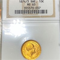 1874/3 Swedish Gold 10 Kroner NGC - MS65