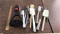 Kitchen items, spatulas,wisk,tongs,& masher